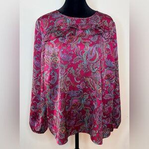 Talbots satin feel Pink paisley boho chic long sleeve ruffle front blouse 1X EUC